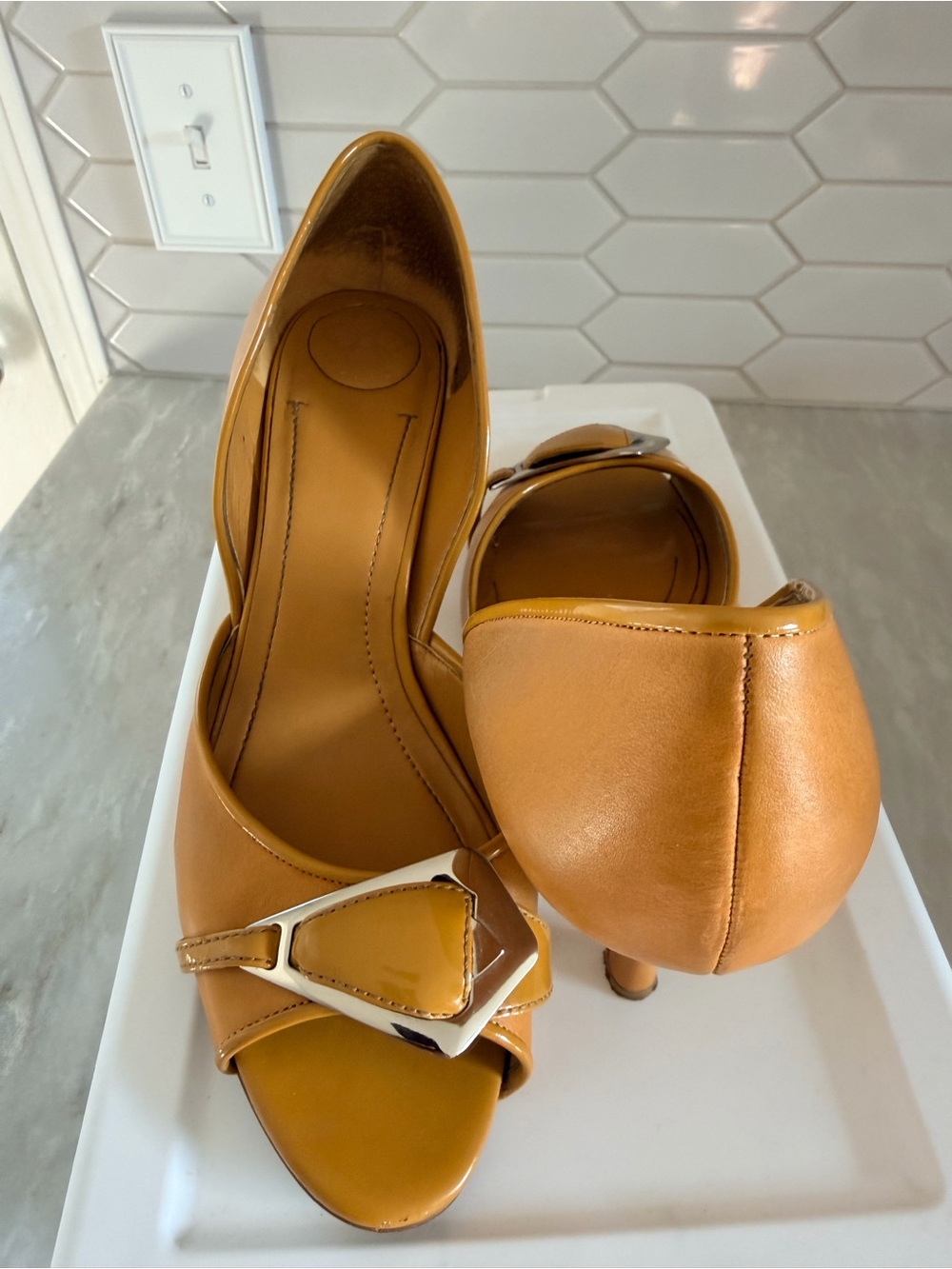 BCBGeneration 
Tan Open-Toe Leather Heels with Decorative Buckle - Picture 5 of 5